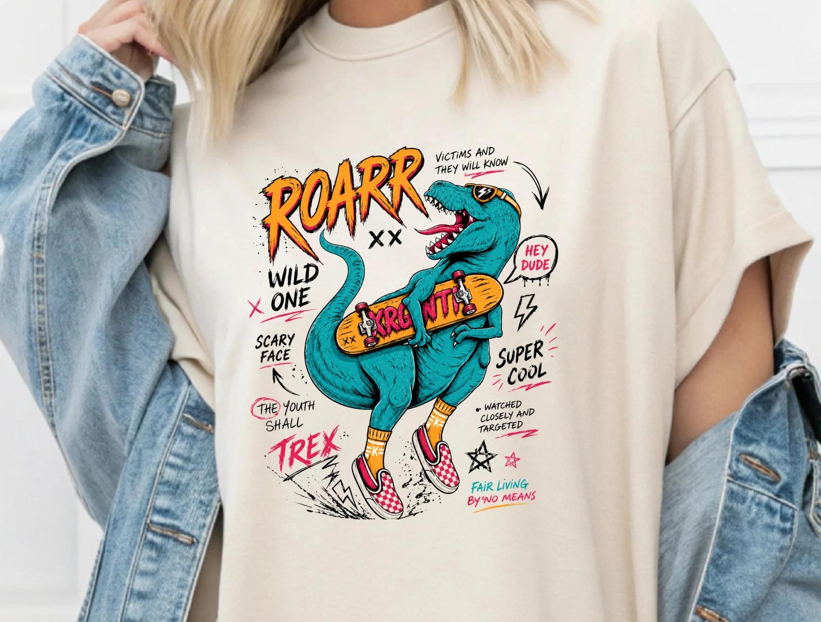Skateboarding T Rex Dinosaur T Shirt Design Retro Streetwear Skate Graphic 3XL