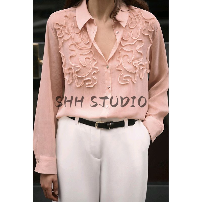 Spring New Women's Clothing Sweet Style Decorated Row Button Long Sleeves Lapel Front Convex Design Shirt 3897081