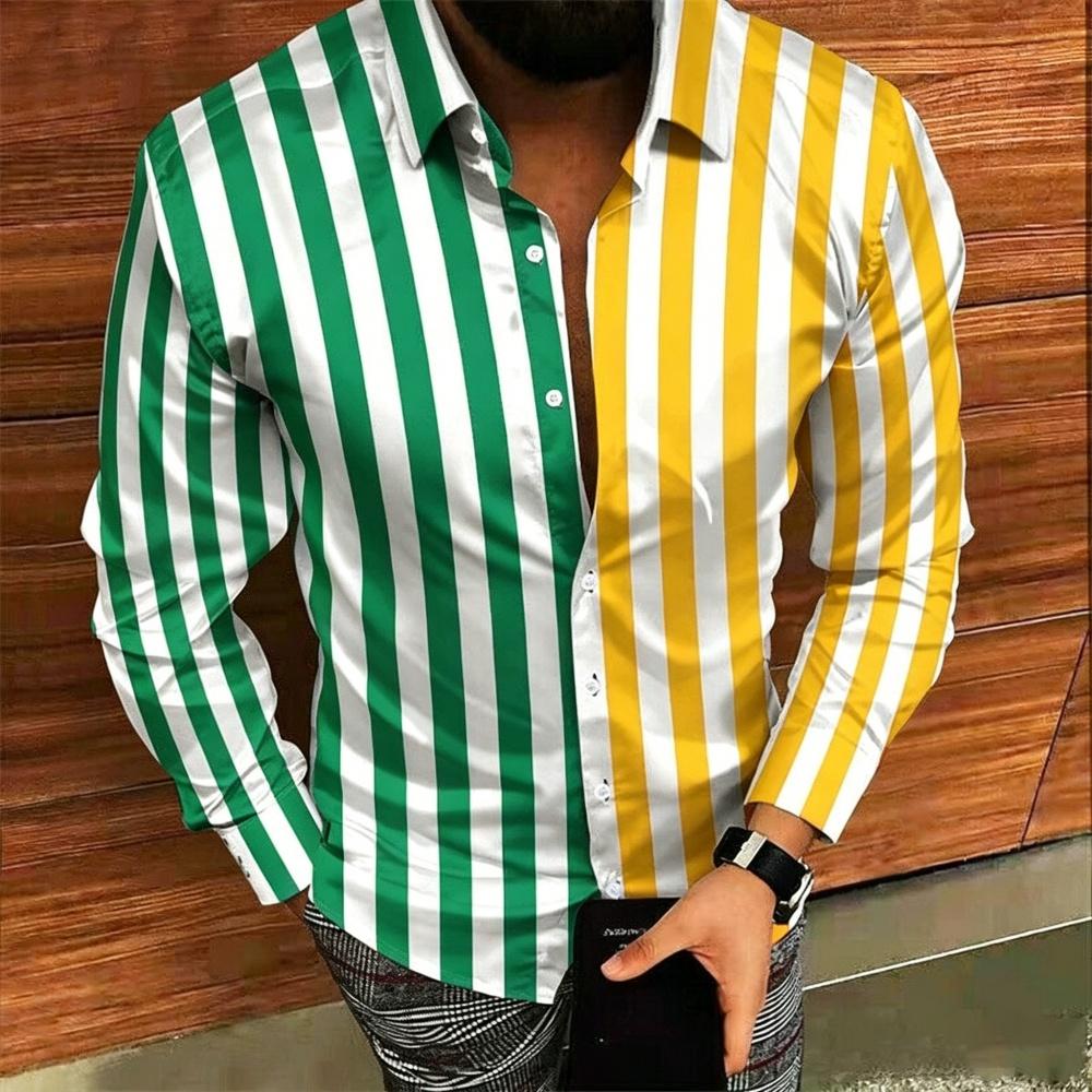 Men's Striped Long Sleeved Shirt 3D Digital Print Lapel Button up High-Quality Business Casual Clothing for Men