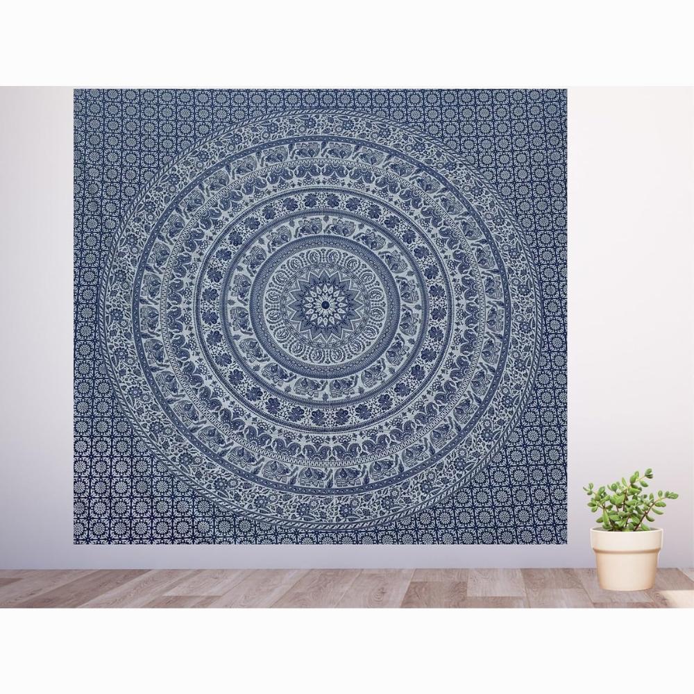 BLESS INTERNATIONAL Ručně vyráběné indické hippie Bohemian Psychedelic Elephant Mandala Tapiserie na zeď (Námořnická modrá a stříbrná)