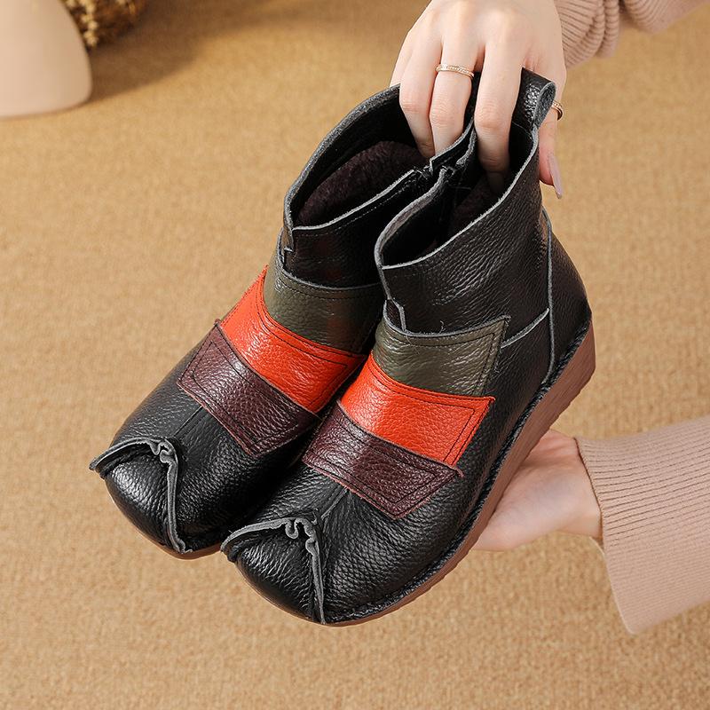 Johnature Ethnic Style Mixed Colors Genuine Leather Wedges Short Boots Warm Comfortable Women's Cotton Shoes
