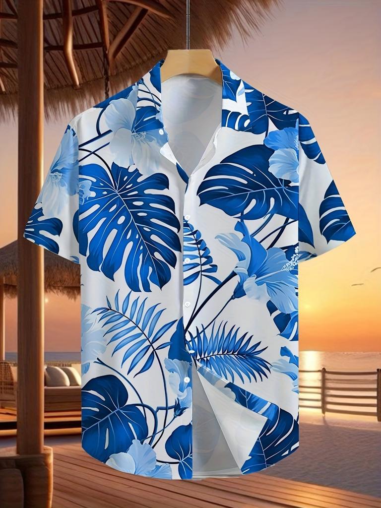 Herren Tropenmuster Kurzarm Hemd mit Knöpfen - Lockerer Schnitt Kragen Sommer Strandhemd mit Ganzkörper Palmenblatt & Hibiskus Mustern, Leicht Casual