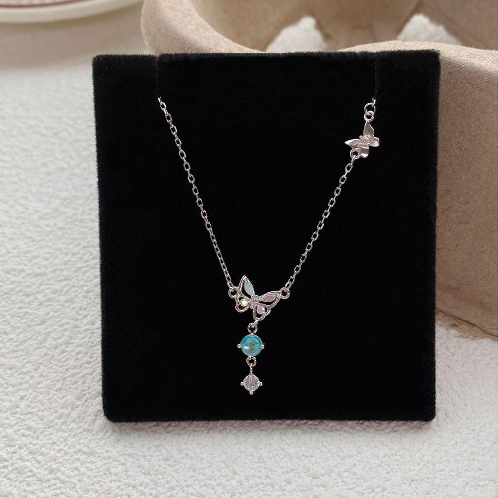 S999 Sterling Silver Butterfly Tassel Necklace with Colorful Diamonds & Moonstone, High-End Design for Women.