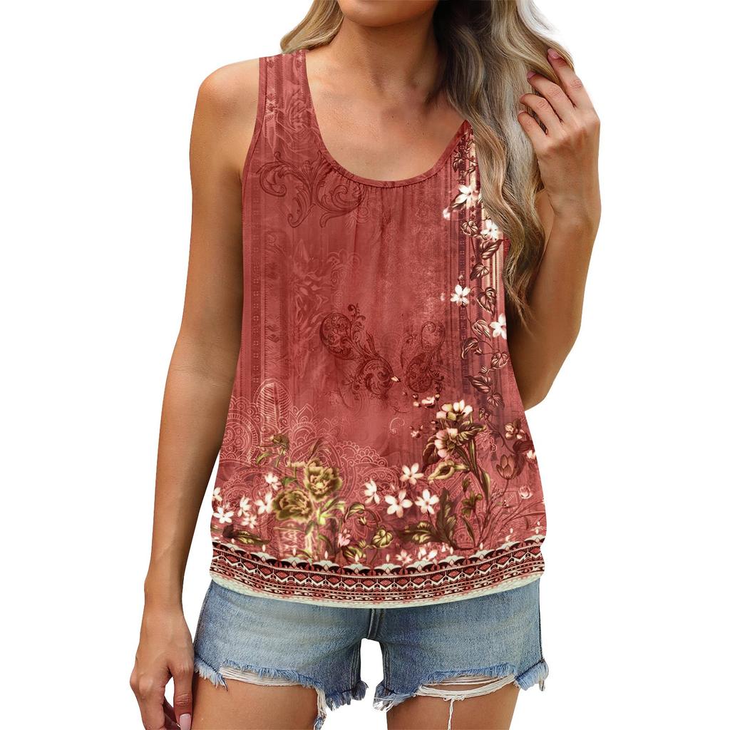 Women's Summer Vest Loose Pleated Round Neck Shirt Casual Sleeveless Top