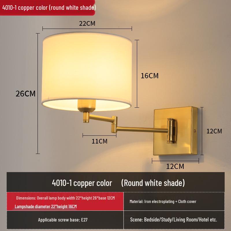 Modern LED Swing Arm Wall Light with Fabric Shade for Bedroom, Study, or Living Room.