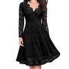 Retro Women Lace Floral V Neck Long Sleeve Tight Waist A-line Party Midi Dress