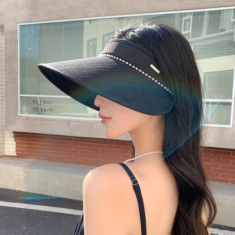 

Vinyl sun hat children sweet pearl empty top sun protection hat outdoor shopping trip big brim basin hat