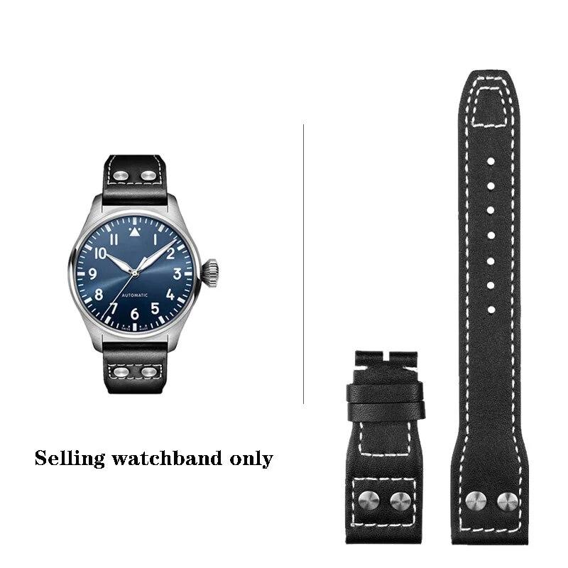 

Ремешок для часов из натуральной кожи высокого качества с заклепками 21 мм 22 мм, подходит для IWC Big Pilot Spitfire TOP GUN, коричневые, синие ремешки для часов из воловьей кожи Black-no buckle 22mm