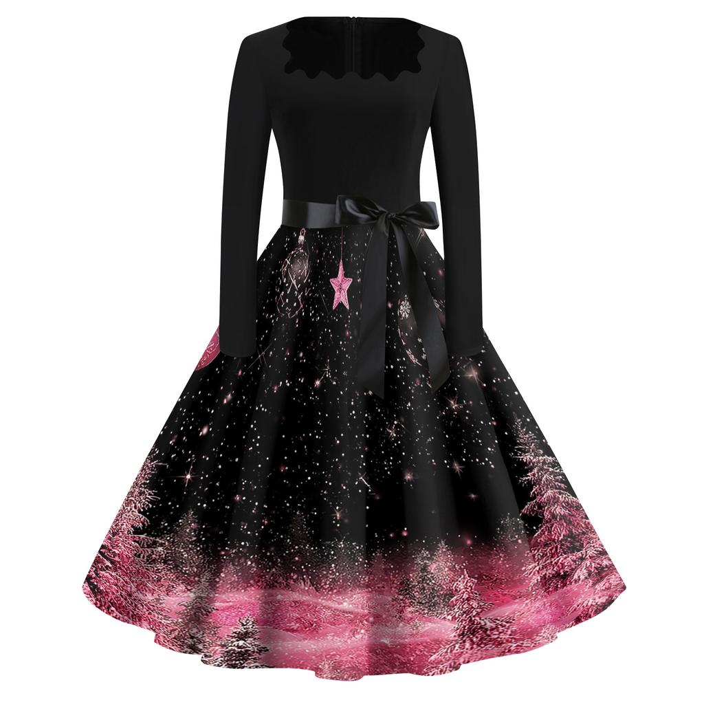 Women's Casual Retro Square Neck Dress with Halloween Print for Party and Daily Wear