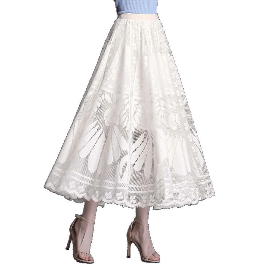 Trendy Lace Trim Long Maxi Skirt, Slimming Effect Mesh Fairy Ruffles Dress