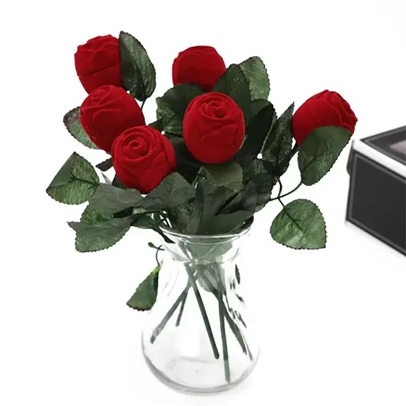 Beflockte Rosen-Ringbox Langwurzel-Rosen-Ohrring-Ring-Aufbewahrungsbox High-End-Geschenkbox Verlobungsring-Aufbewahrungsbox