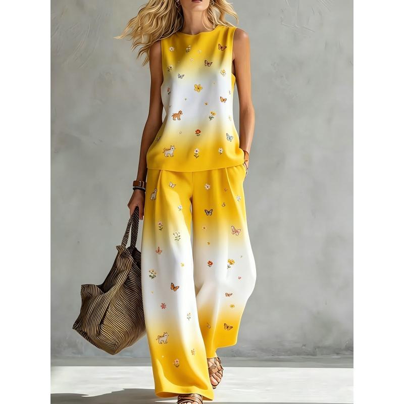 Rundhals-Oberteil weite Hosen zweiteiliges Set Damen Freizeitanzug Europäisch und Amerikanisch Sommer neu Regenbogen Batik ärmellos