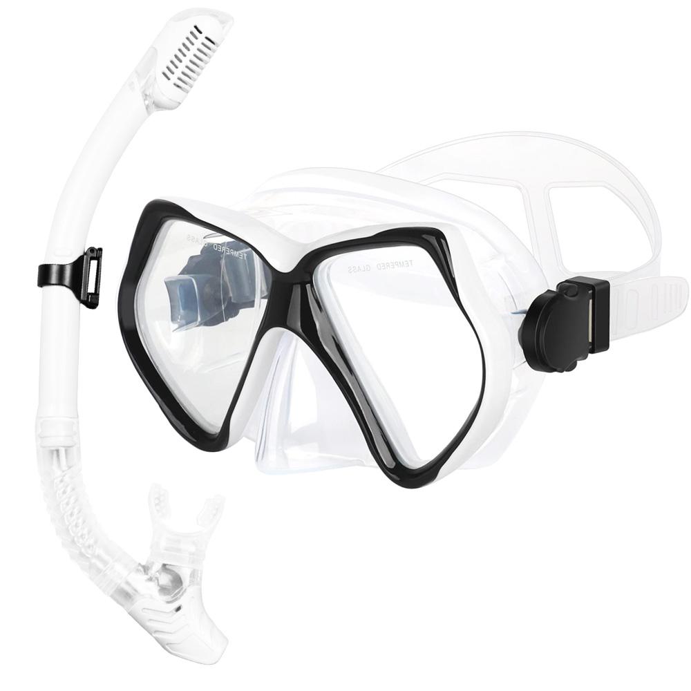 Dry Snorkel Set Diving Mask Swimming Goggles Anti-Leak Wide View Tempered Glass Lens Adjustable Strap Adult Youth