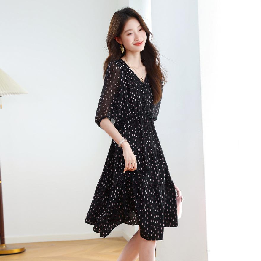 Summer new temperament elegant waist thin skirt floral medium and long dress women