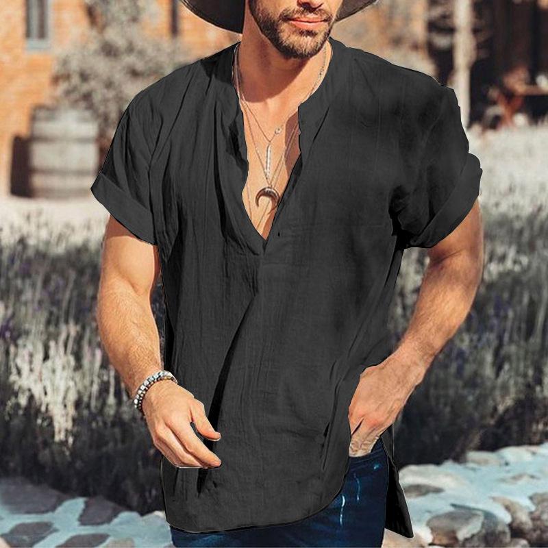 

Men s Summer Round Neck Short Sleeve Solid Color Cotton Linen Shirt BK0007 S чёрный