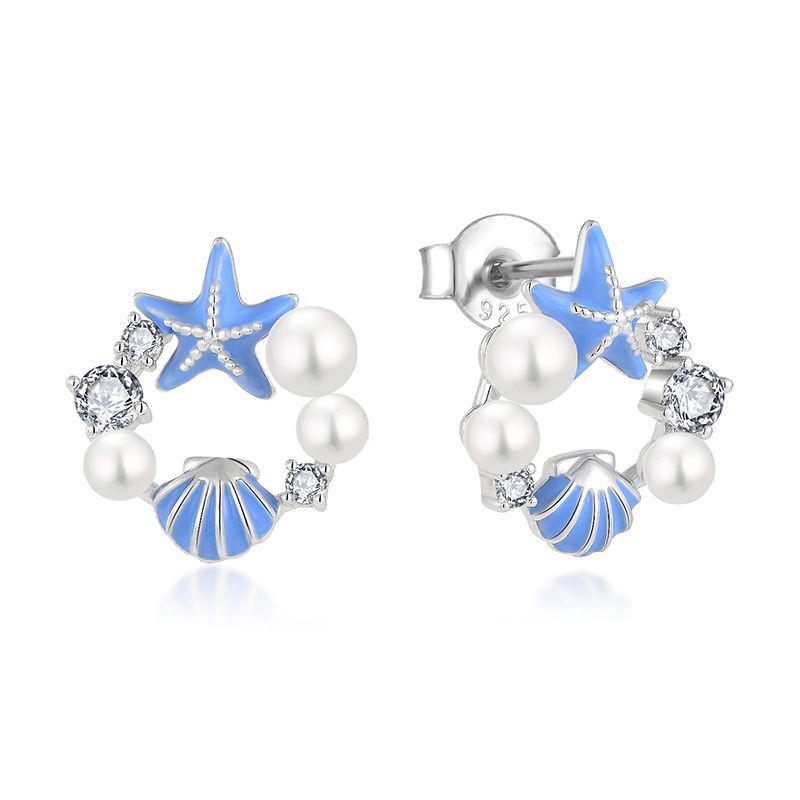 S925 Sterling Silver Drip Glaze Starfish Seashell Stud Earrings with Natural Freshwater Pearls 925 Silver небесно-голубой