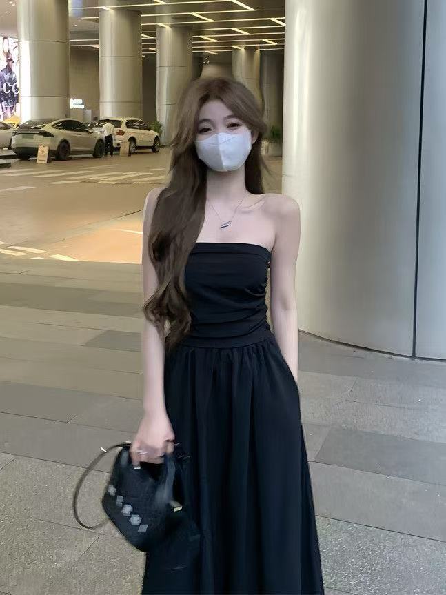 Spice Girl Pleated Tube Top Dress Women's Fashion Temperament a Word Skirt Waist and Thin