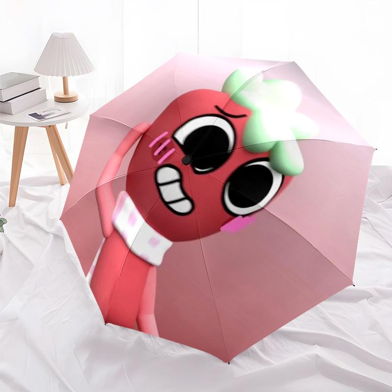 Cute Red Cartoon Character Folding Umbrella, Chibi Blushing Mascot Design Umbrella