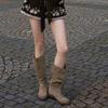 Sheepskin Version~ Retro Suede Round Head Thick Heel Stacking Boots Medium and High Boots Women Fold Two Wear Western Cowboy Boots