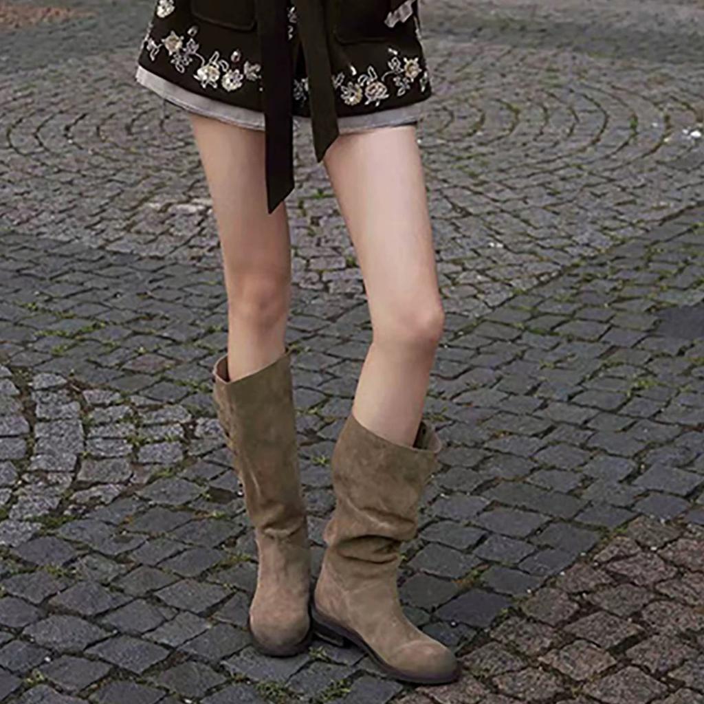 Sheepskin Version~ Retro Suede Round Head Thick Heel Stacking Boots Medium and High Boots Women Fold Two Wear Western Cowboy Boots
