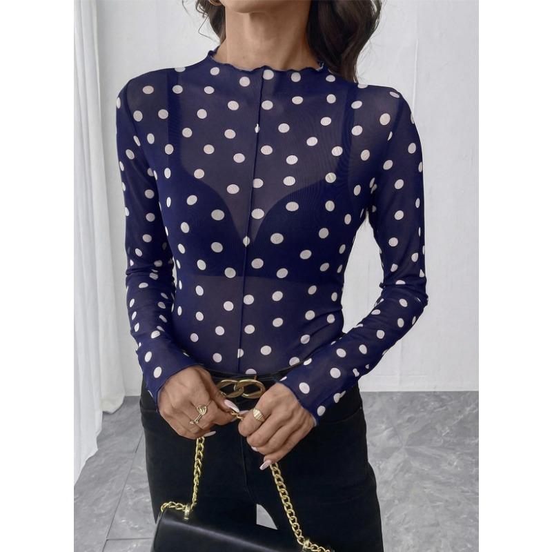 Women Sheer Polka Dot Mesh Half High Neck Long Sleeve Sexy T Shirt Top