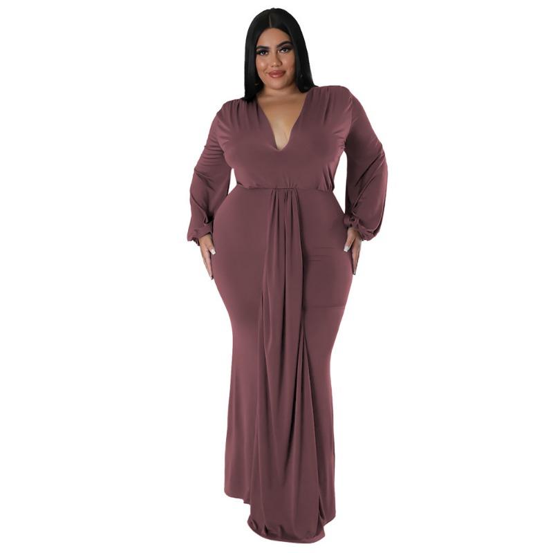 Plus Size Black Deep V Neck Long Sleeve Ruched Bodycon Maxi Dress