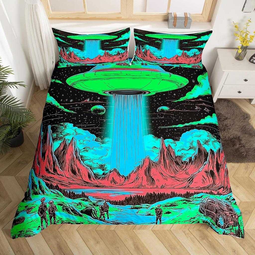 UFO Duvet Cover Set for Kids Boys Girls Teens Queen Lightweight Quilt Cover Outer Space Theme Bedding Set Bedroom Decor No Quilt