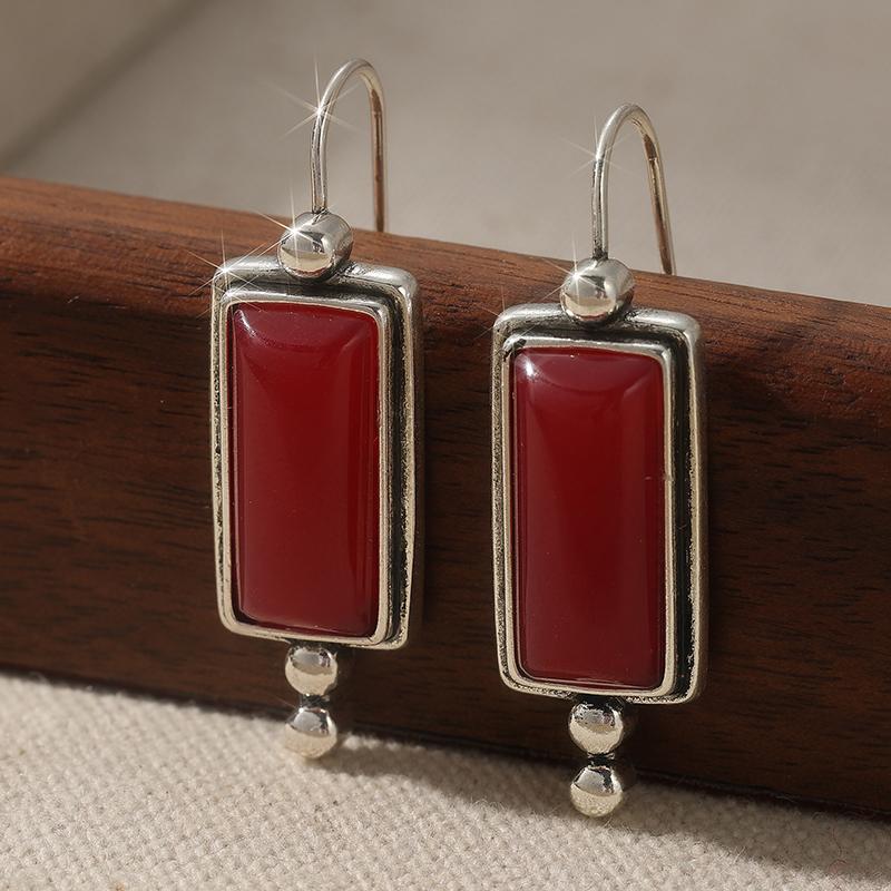 Vintage Synthetic Turquoise Silvery Plated Pendant Earrings Women's Ethnic Style Versatile Festival Commemorative Gifts