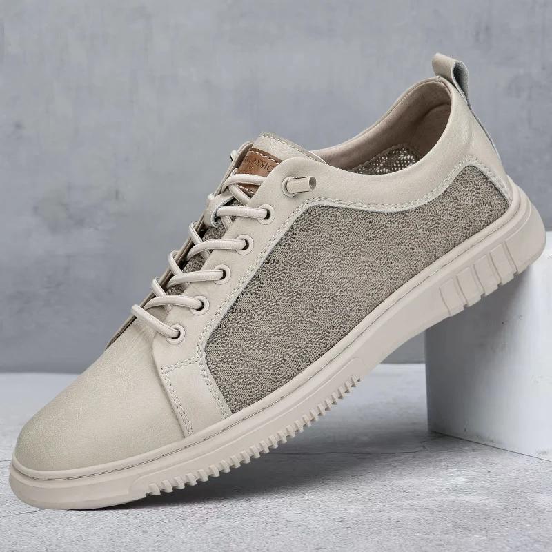 High Quality Men'S Summer New Two-Layer Cowhide Mesh Breathable Board Shoes With Fashionable Lace Up Outdoor Low Top Men'S Shoes