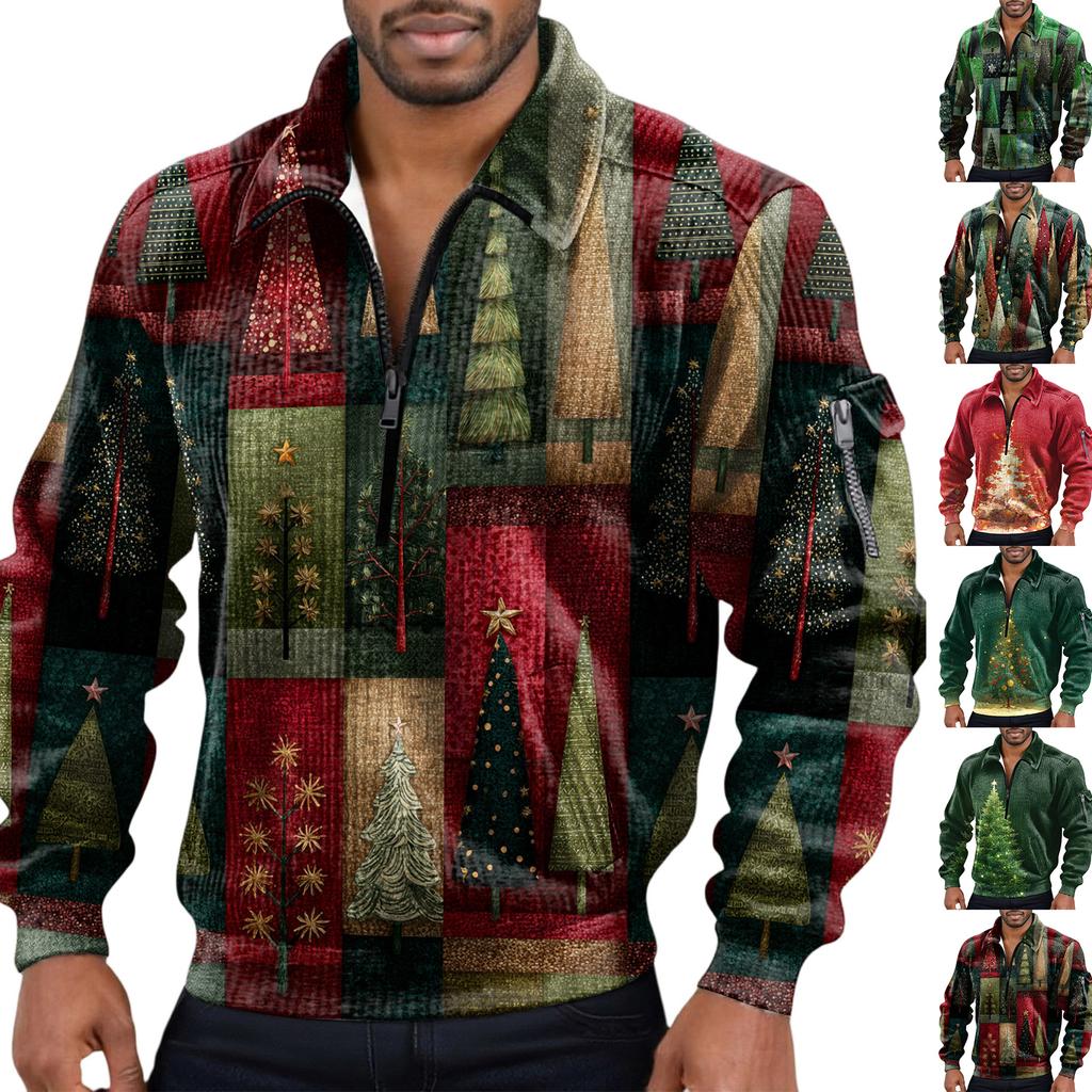 Men's Solid Color Corduroy Zipper Neck Long Sleeve Top Men's Casual Lapel Top