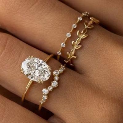 Dazzling Women Rings Gold Color Round White Stone Flower Rings Set Party Accessories Gift