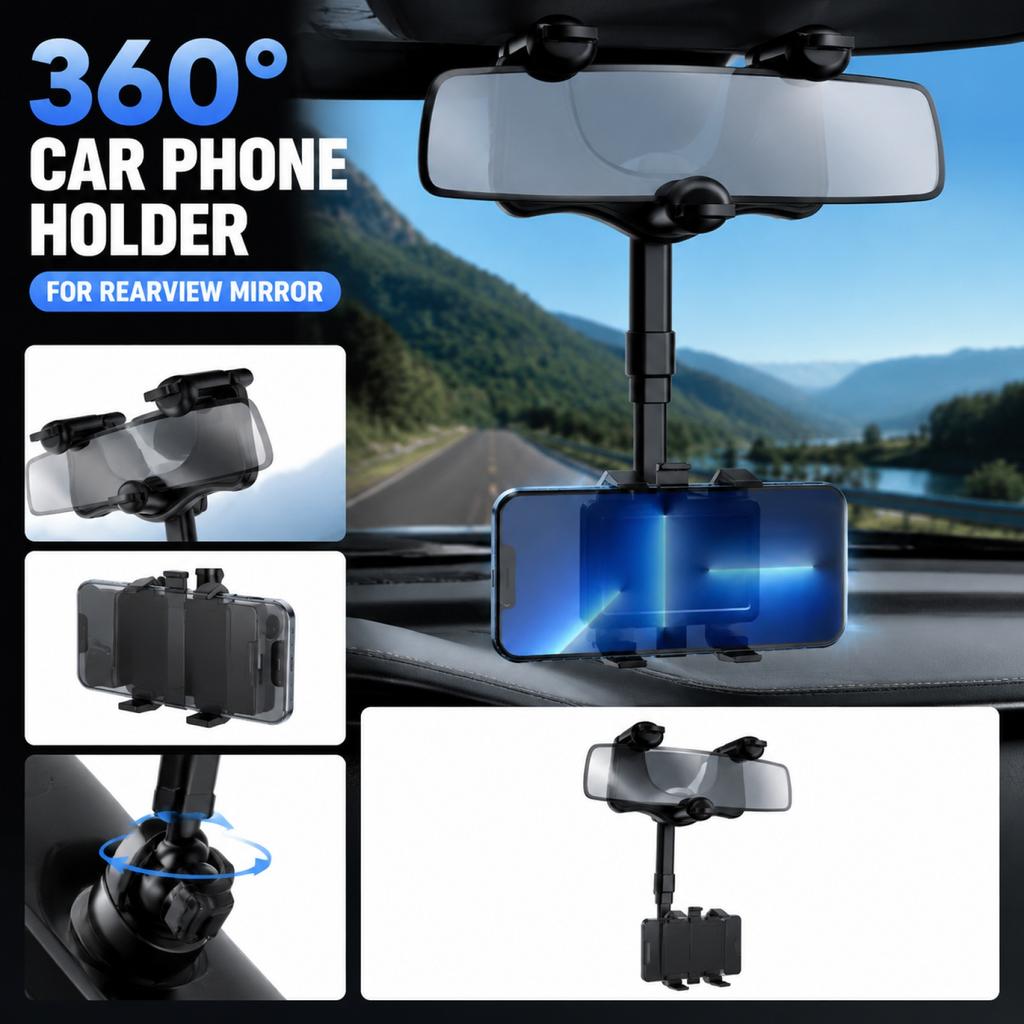 Support de téléphone pour rétroviseur de voiture rotatif à 360 degrés, support réglable pour un placement sécurisé de l'appareil mobile dans l'habitacle du véhicule