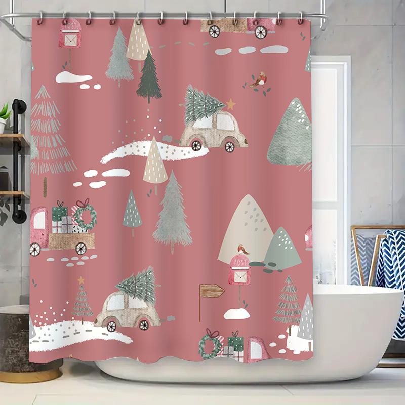 

Snowy Christmas Trees Print Shower Curtain For Bathroom Decor Pink Color With Car Pattern Size72 X 84 Inches (180Cm X 213Cm) W60H190(CM)-1 Pcs