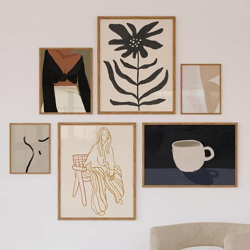 Abstrakte Minimalistische Mode Sexy Mädchen Kaffee Blume Wand Kunst Leinwand Malerei Linie Poster Und Druck Wohnzimmer Hause Dekoration