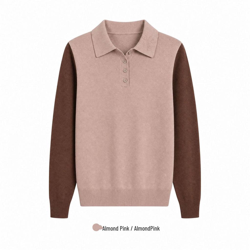 MU Women's Color Block Polo Neck Embroidery Knit Sweater - Long Sleeve, Autumn/Winter, Simple & Elegant.