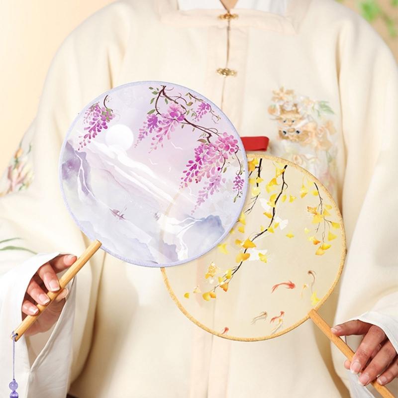 Chinese Fan with Pendant Handhelds Inks Painting Fan Tassels Round Silk Fan