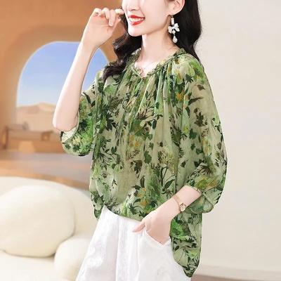 Summer Women's Elegant Floral Chiffon Shirt Lightweight Thin Chic Loose Blouse