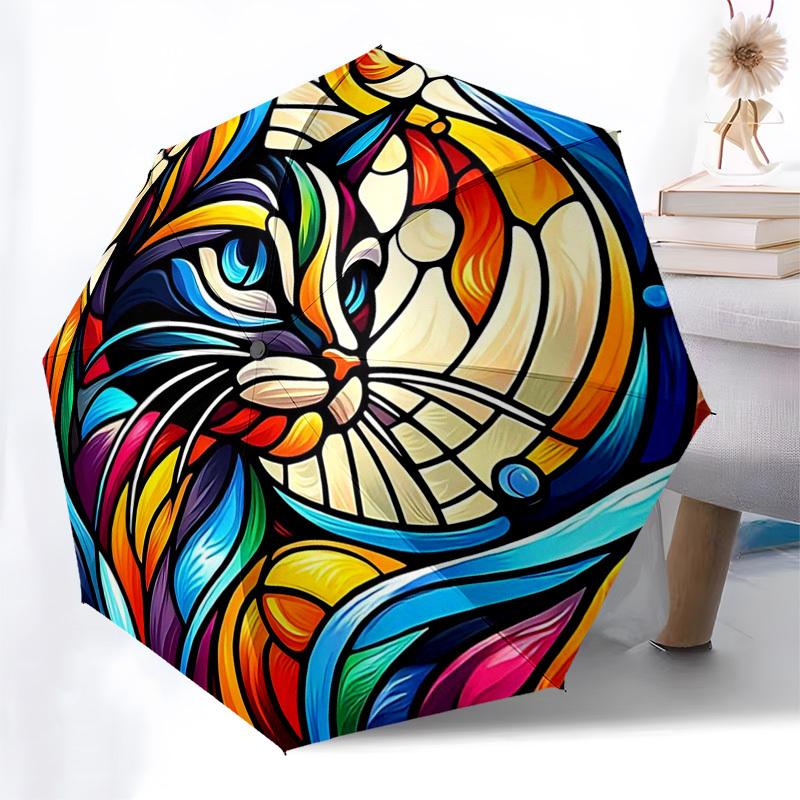 

1pc Colorful Stained Glass Cat Design Automatic Opening Folding Umbrella - Portable 3-Fold Design with Iron Frame, Perfect for Outdoor Use, Festive Gi