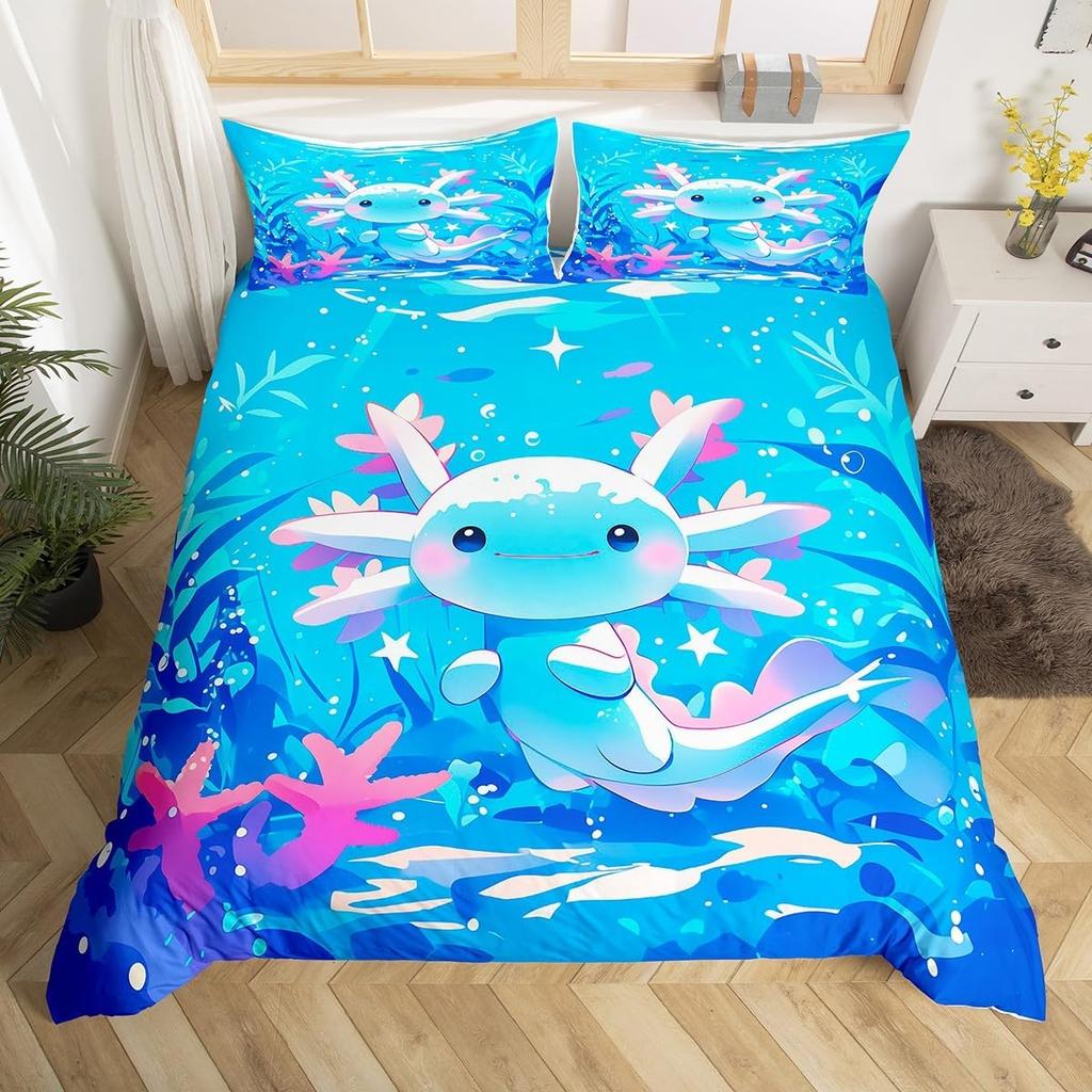 Comforter Kids Axolotl Full Kingcute Ocean Animal Bedding Set Marine Life Romantic Comforter Pink Coral Plant Bed