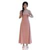 Plus Size French Striped Summer Dress with Waist-Cinching Slimming Design