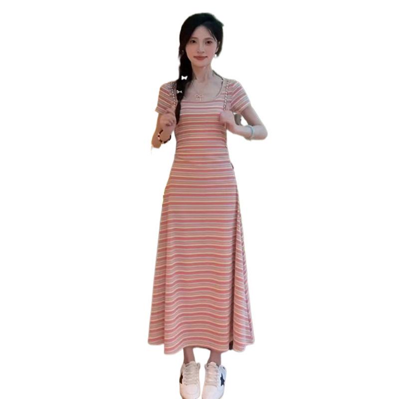 Plus Size French Striped Summer Dress with Waist-Cinching Slimming Design