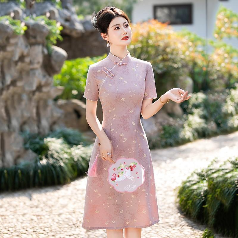 Slim Fit Chinese-Inspired Short Sleeve Dress Women Vintage Style 2025 Qipao