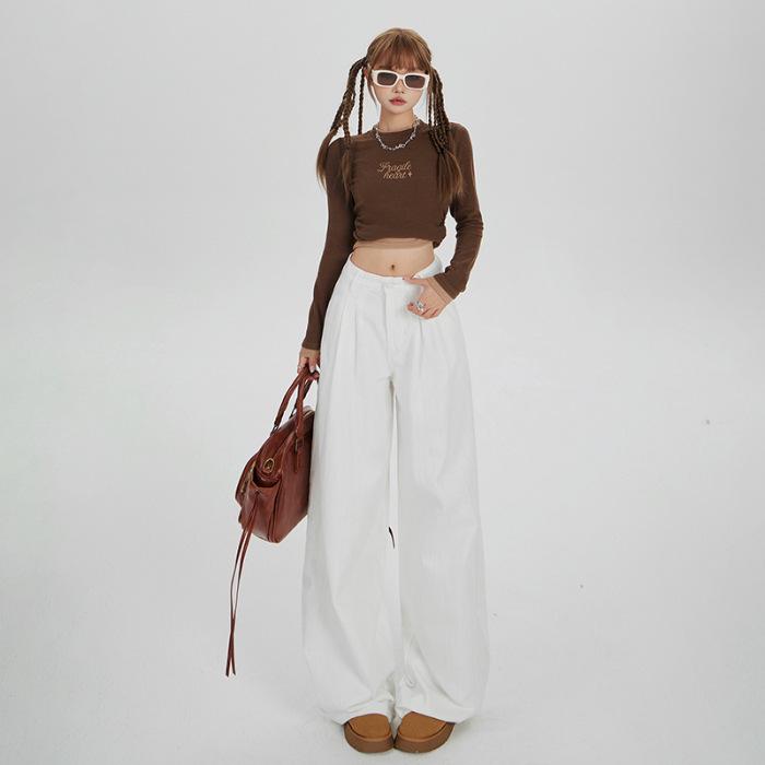 YC&3 American Retro High Waist Pleated Wide Leg Jeans for Women S