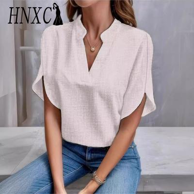 HNXC Women's Fashion Casual Summer Solid Color Print Short Sleeve V-Neck Blouses & Shirts