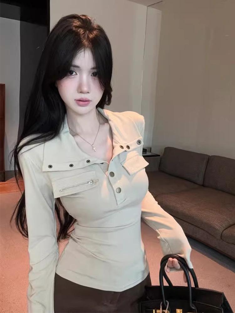 Women's Spicy Girl Style Stand-Collar Slimming Slim-Fit Long-Sleeve T-Shirt, Autumn/Winter, Stylish Waist-Cinching Base Layer