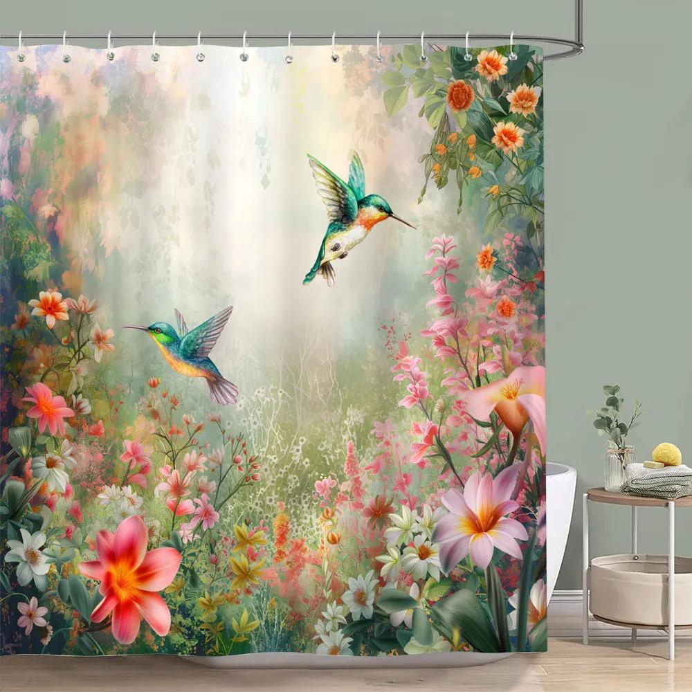 

Bird Flower Shower Curtain Dahlia Eucalyptus Leaves Greenery Colourful Printed Polyester Waterproof Bath Curtains Bathroom Decor 120x180cm-47x70in