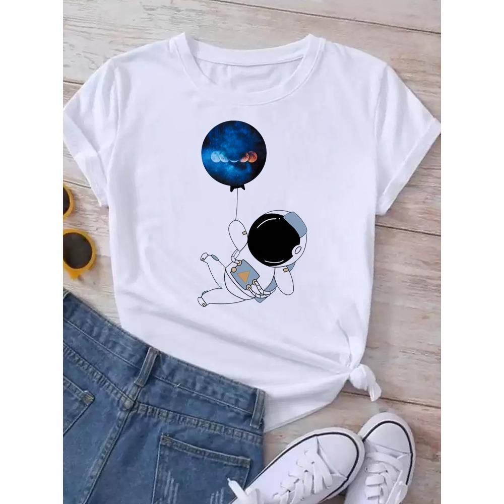Maycaur T-shirt Dames Maan Planeet Print Mode T-shirts Casual Ronde Hals Korte Mouw Streetwear Dames T-shirt Vintage Tops