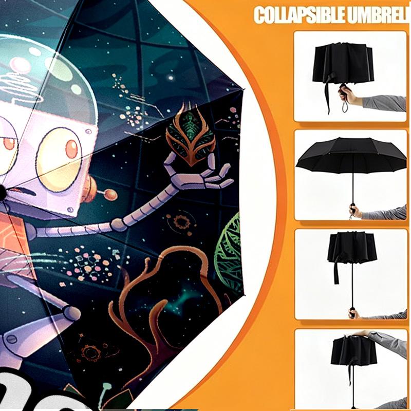 Custom Name Personalized Cosmic Bot Crew Print Umbrella, Auto Open Close, 8‑Rib Sturdy Frame, Commute Camping Hiking Use, Birthday Gift