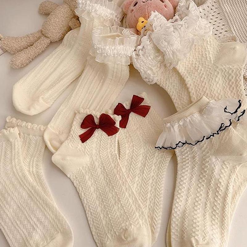 Milky White Bow Lace Socks Women Cute Lolita Japanese Jk Lace Socks Lolita Sweat-Absorbent Mid-Tube Socks