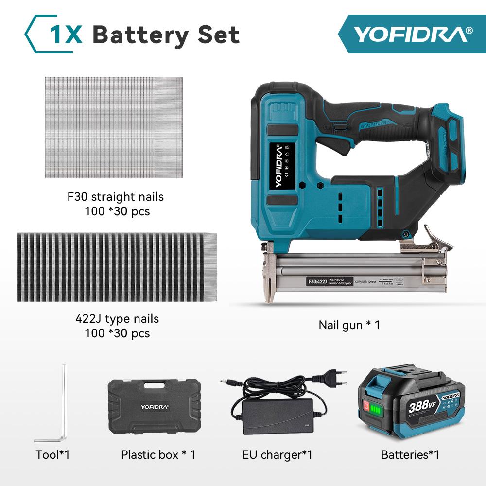 Yofidra Chiodatrice elettrica senza spazzole 30mm 2in1 Chiodatrice/Graffettatrice a batteria Chiodatrice per carpenteria Tacker Strumento per batteria Makita 18V Spilli